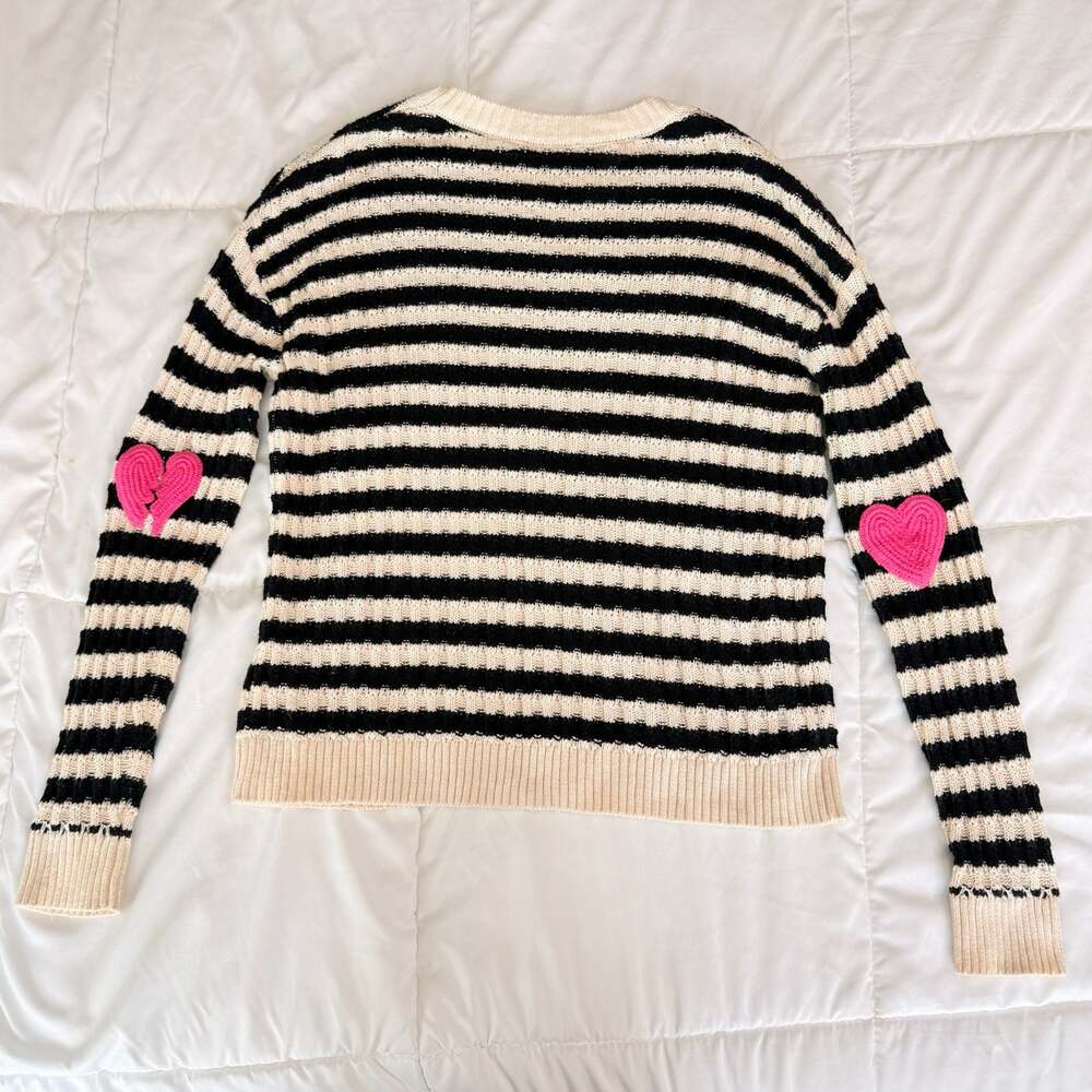Lisa Todd Black and White Striped Pullover Sweater with Pink Heart Elbow Patches - Picture 11 of 16